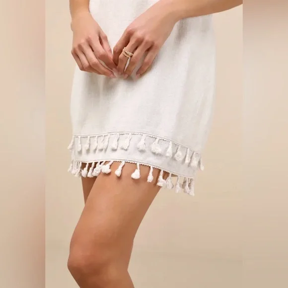 Chic Beige Cream Linen Pom Pom Women’s Midi Dress Lulu’s Boho Large - Picture 9 of 16
